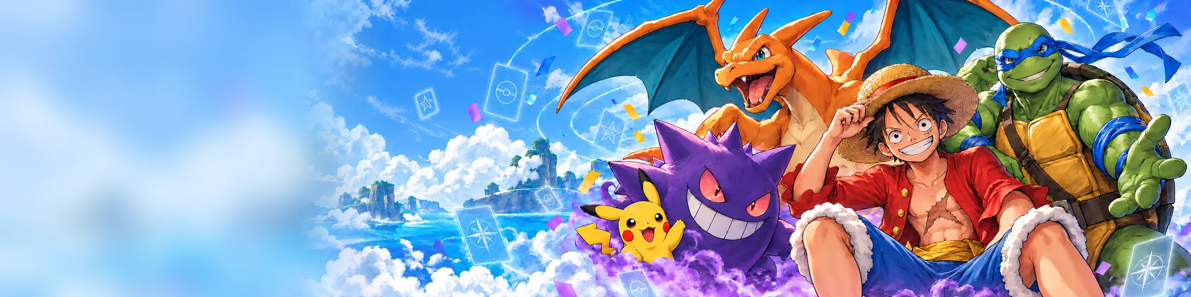 Collector characters celebrating together in a colourful fantasy landscape