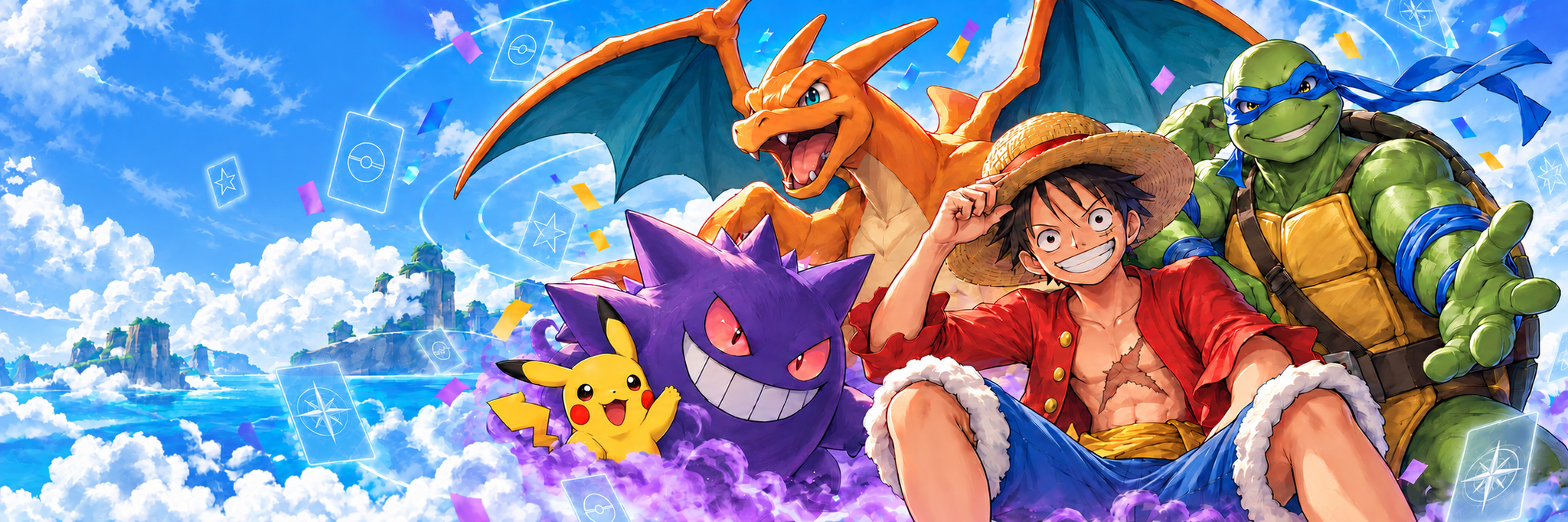 Collector characters celebrating together above a cloud-filled fantasy city